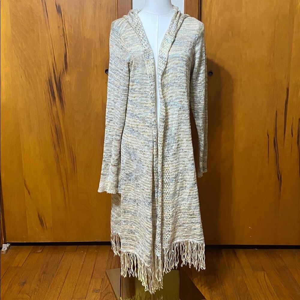 Live and Let Live Multicolor Textured Knit Hooded Cardigan Fringe Bohemian Layer